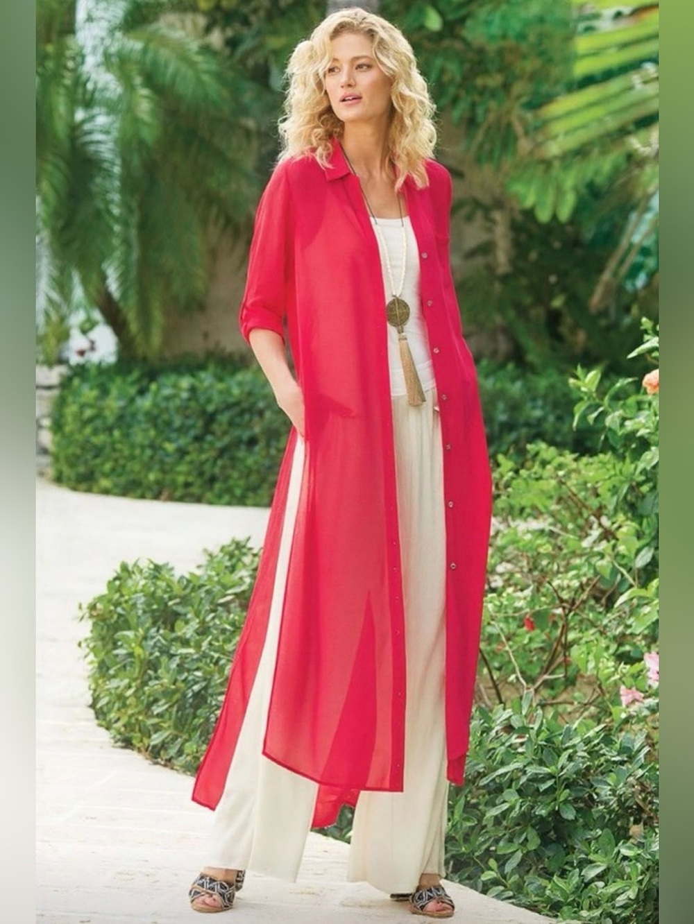 Soft Surroundings Button Front Sheer Duster Cardigan Red Size XL Petite Roll Tab